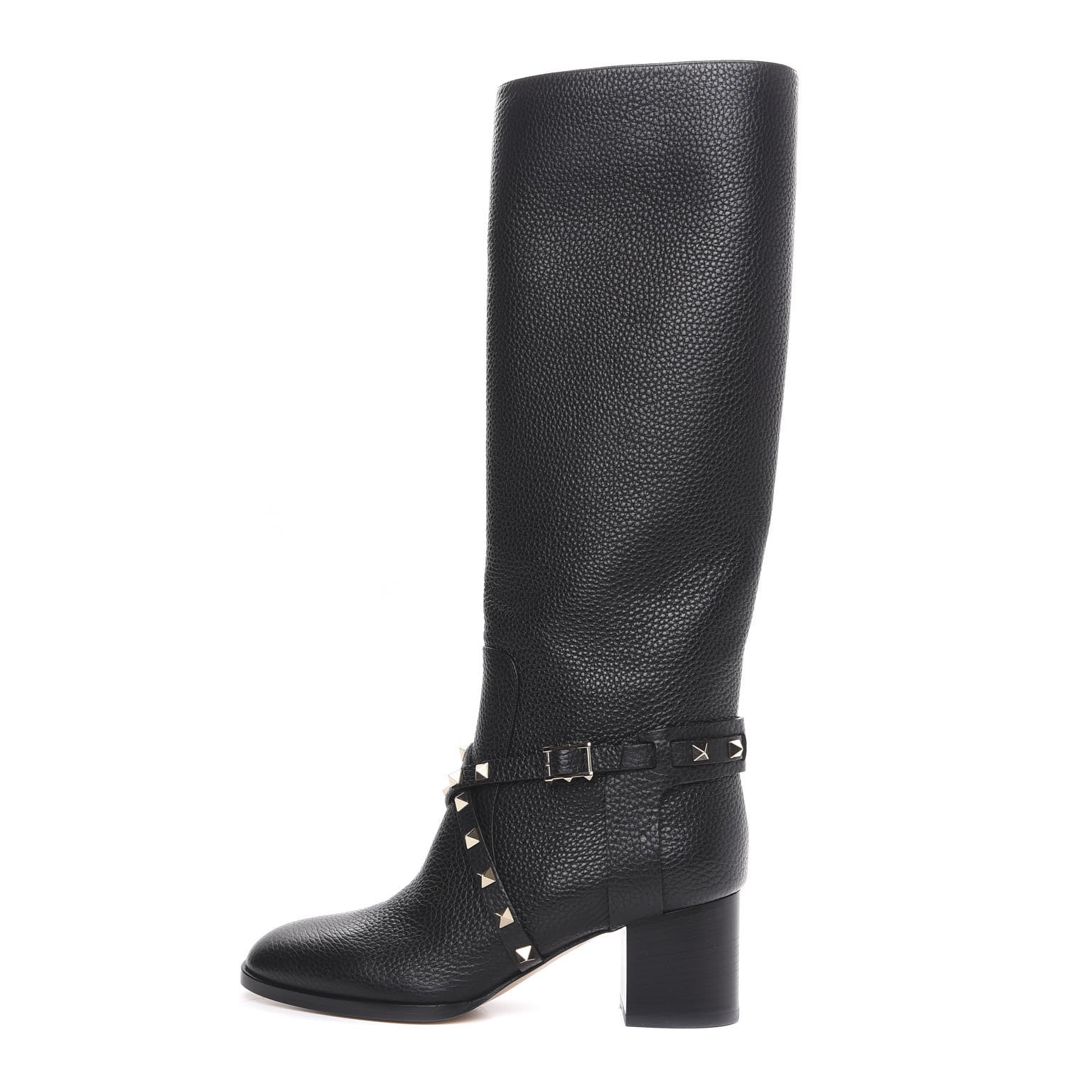Valentino Garavani Pebbled Calfskin Rockstud Knee High Block Heel 60mm Boots 37 Black 1 of 7