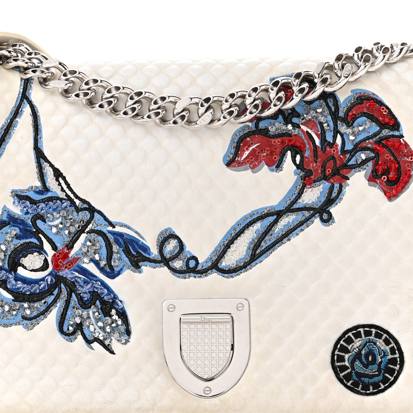 Lambskin Quilted Embroidered Small Diorama Flap Bag Off White