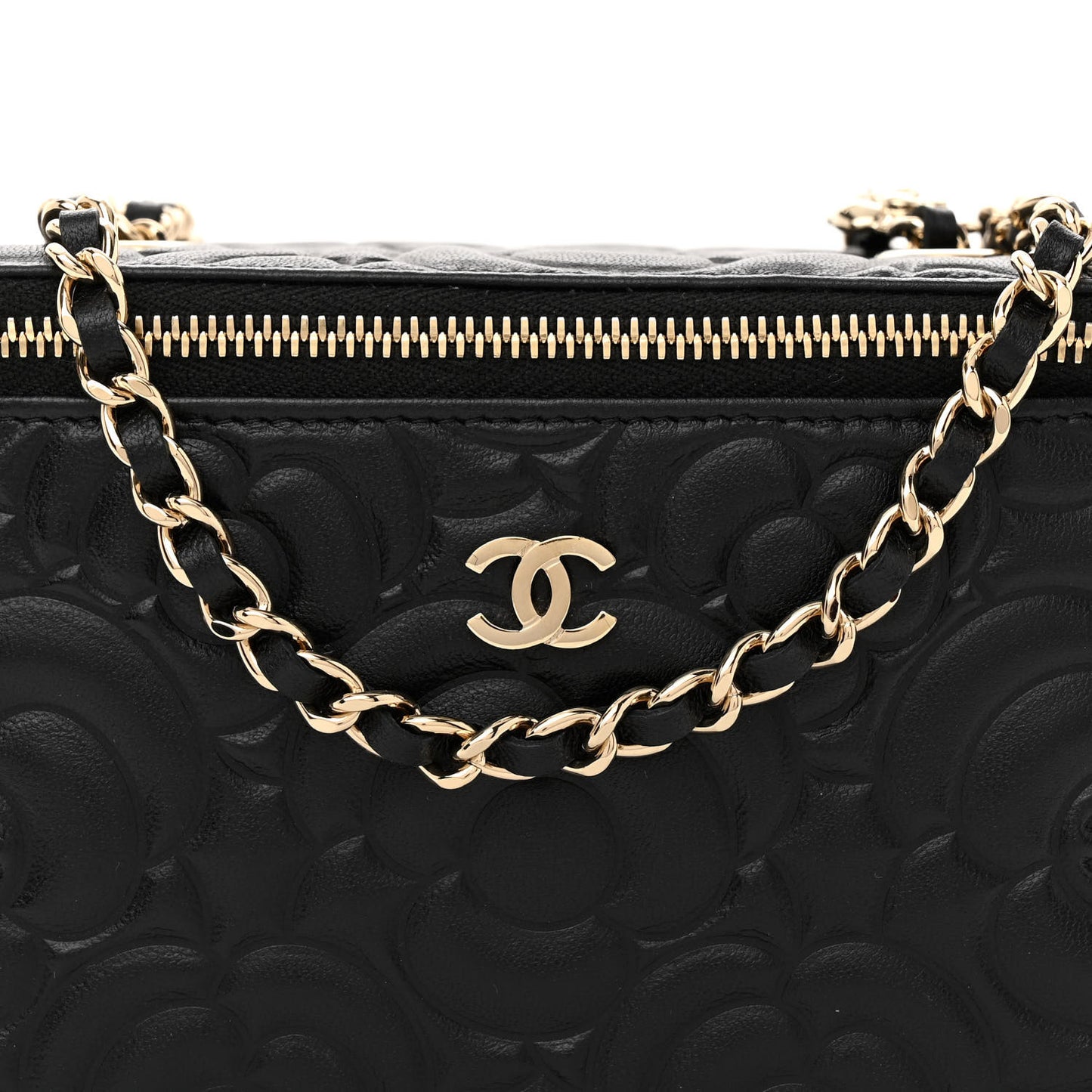 Lambskin Camellia Embossed Small Vanity Case With Chain Black