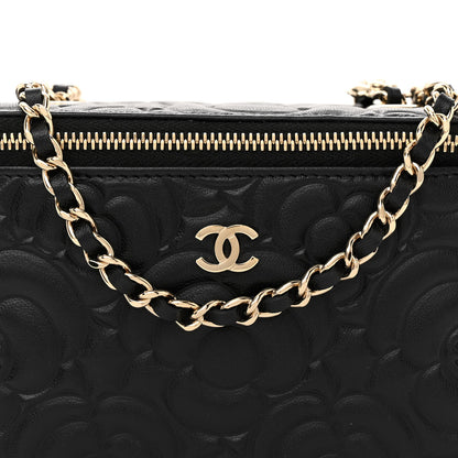 Chanel Lambskin Camellia Embossed Small Vanity Case With Chain Black 8 of 12