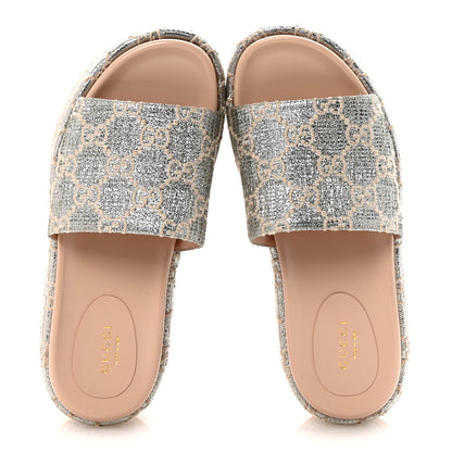 Gucci Lame Heritage GG Monogram Angelina Platform 55mm Slide Sandals 37.5 Silver Beige 2 of 9