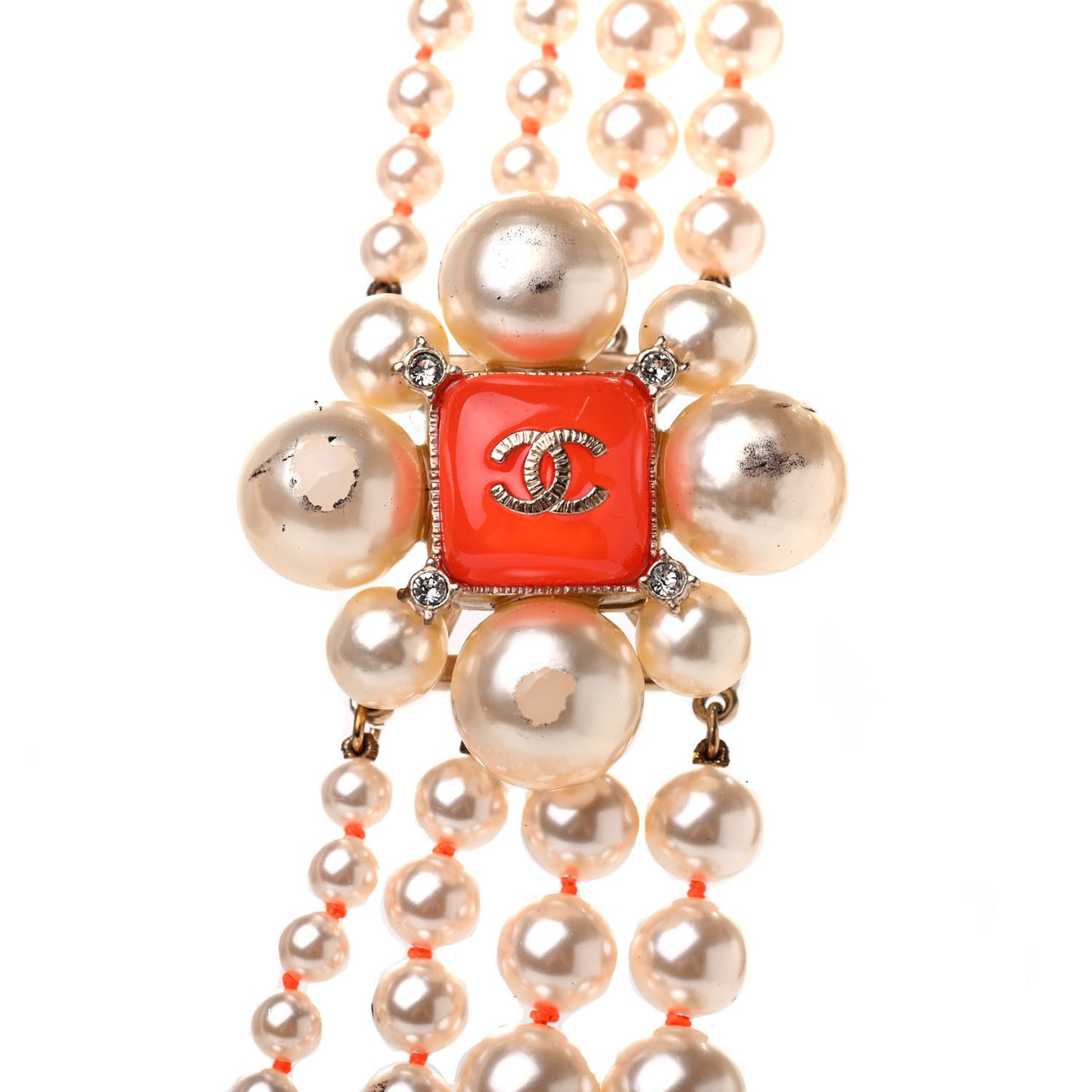 Pearl Crystal Gripoix CC Multi Strand Necklace Orange Gold