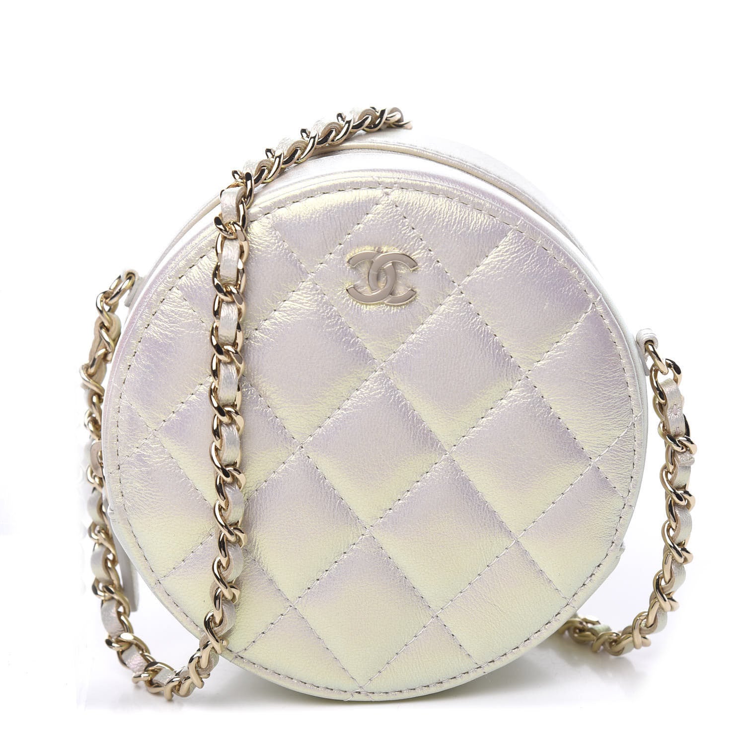 Chanel Iridescent Lambskin Quilted Round Clutch With Chain Ivory 1 of 10