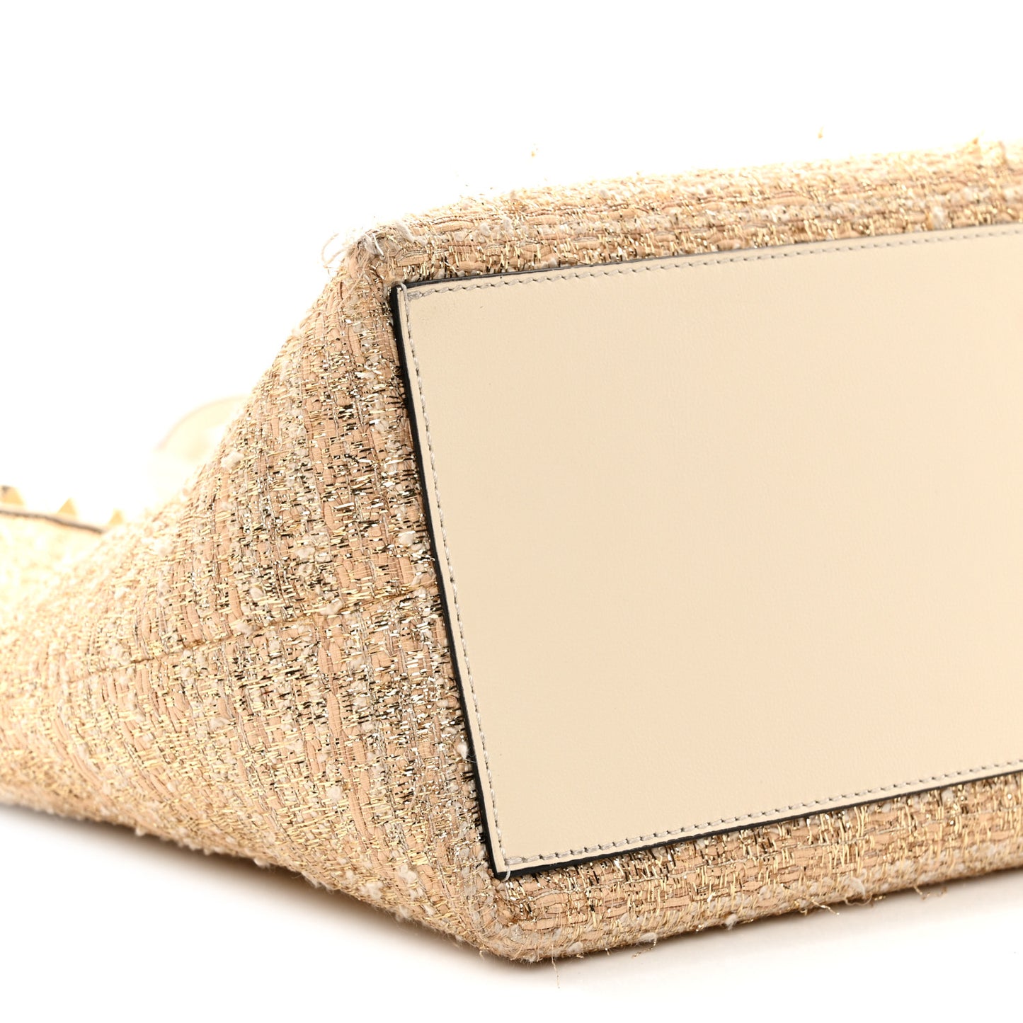 Metallic Boucle Raffia Calfskin Rockstud Shoulder Tote White Gold Ivory