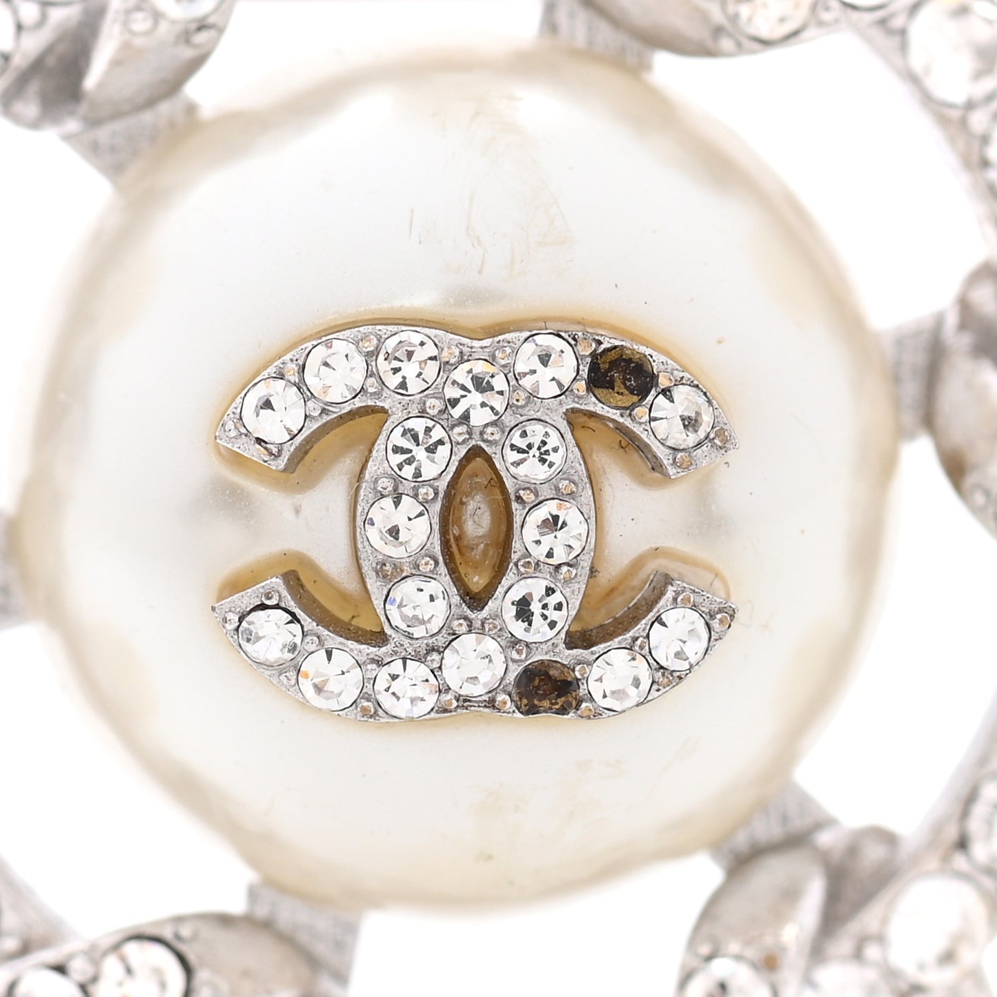 Pearl Crystal CC Wheel Brooch Pearly White Silver