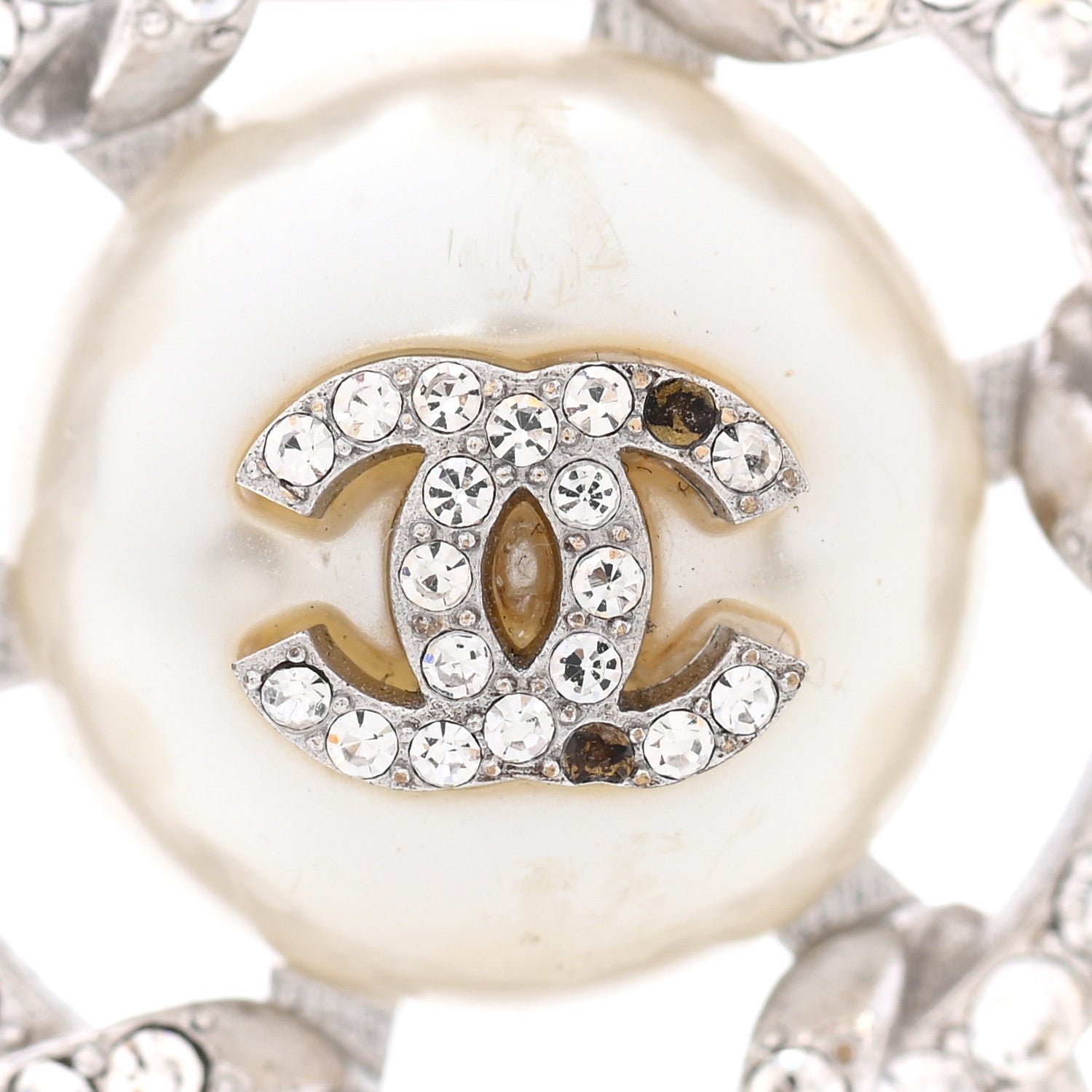 Chanel Pearl Crystal CC Wheel Brooch Pearly White Silver 5 of 5