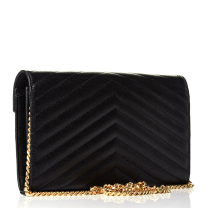 Saint Laurent Grain De Poudre Matelasse Chevron Monogram Chain Wallet Black 3 of 10