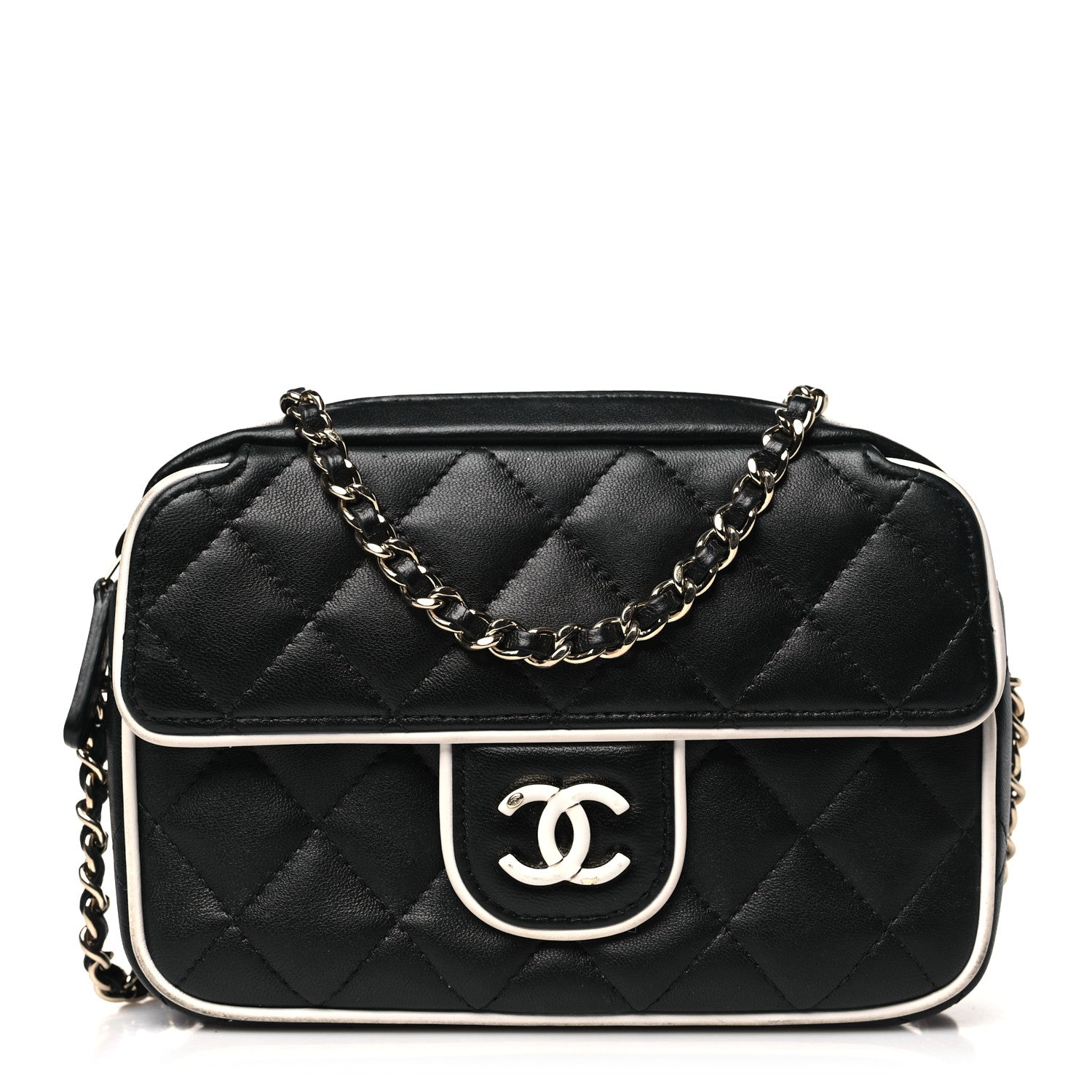 Chanel Lambskin Resin Quilted Chain Camera Bag Black White 1646968