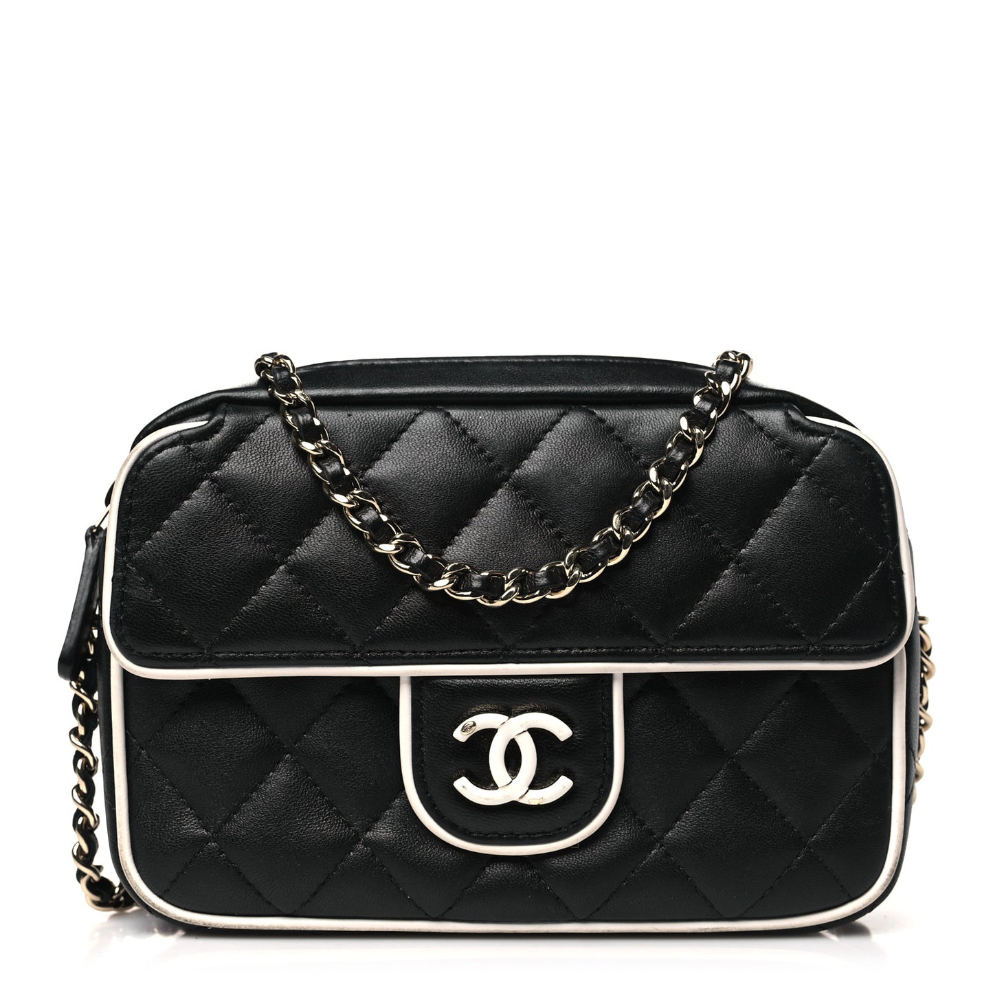 Lambskin Resin Quilted Chain Camera Bag Black White