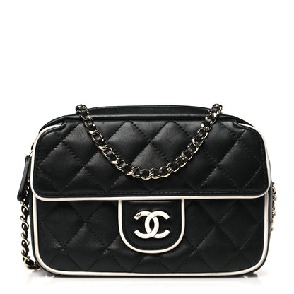 Chanel Lambskin Resin Quilted Chain Camera Bag Black White 1 of 11