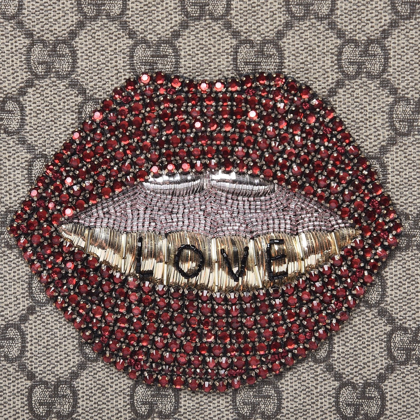 GG Supreme Monogram Merveilles Lips Zip Pouch Hibiscus Red