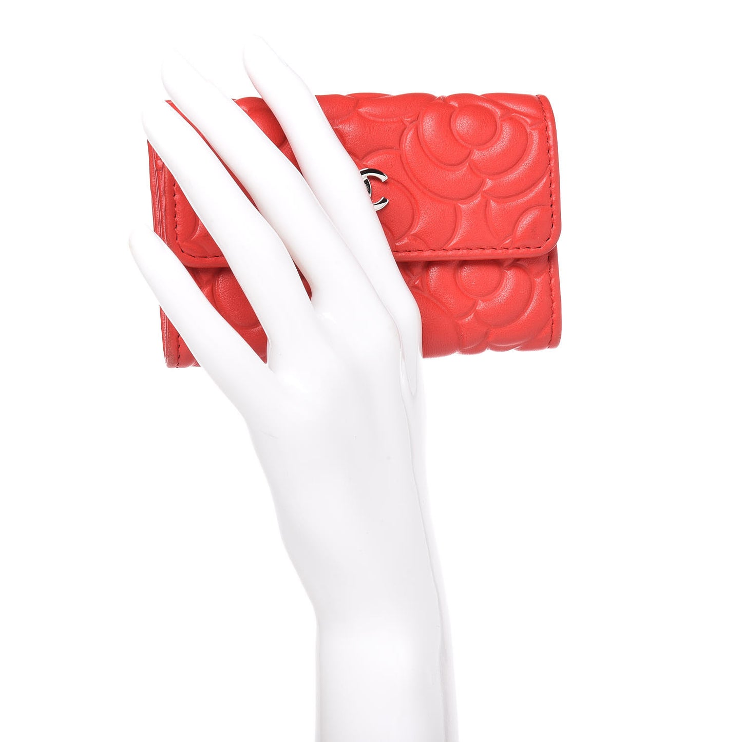 Goatskin Camellia Embossed Card Holder Red