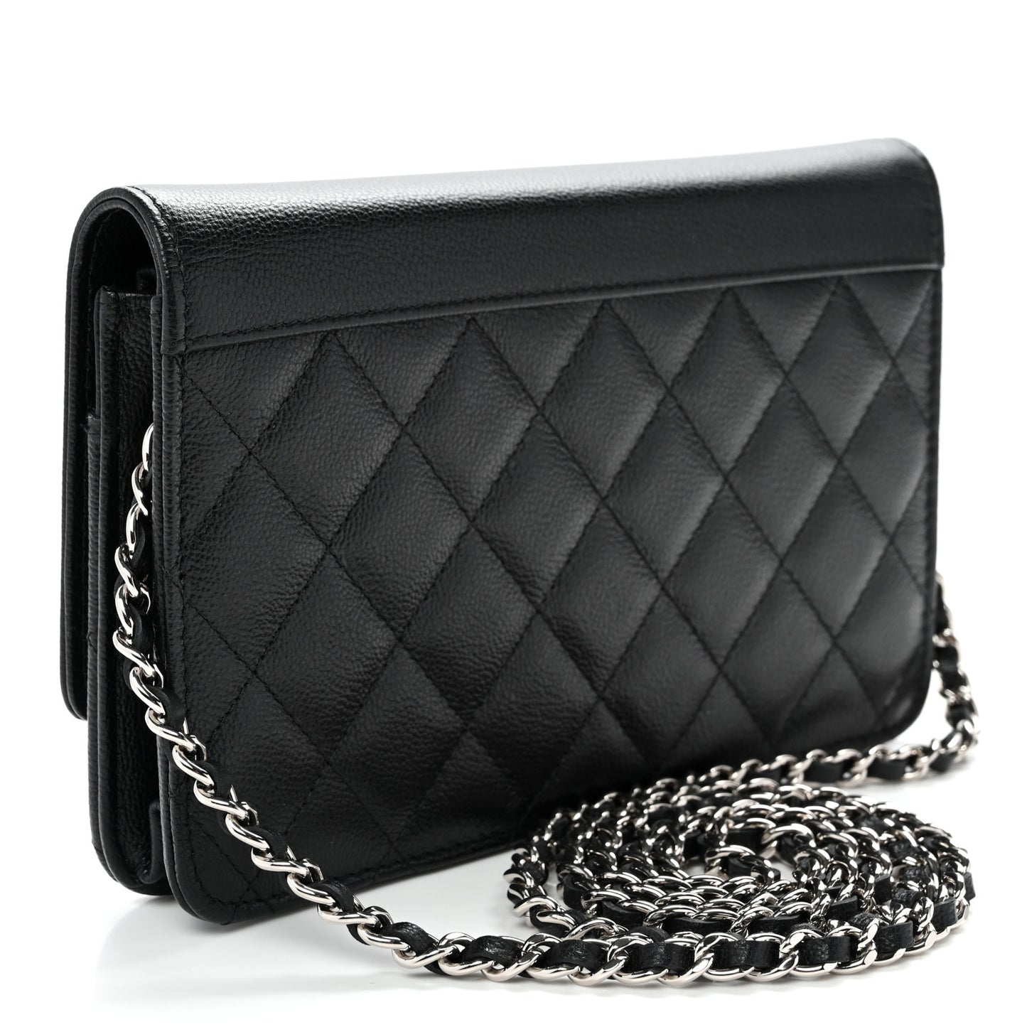 Grained Calfskin Quilted CC Box Wallet On Chain WOC Black