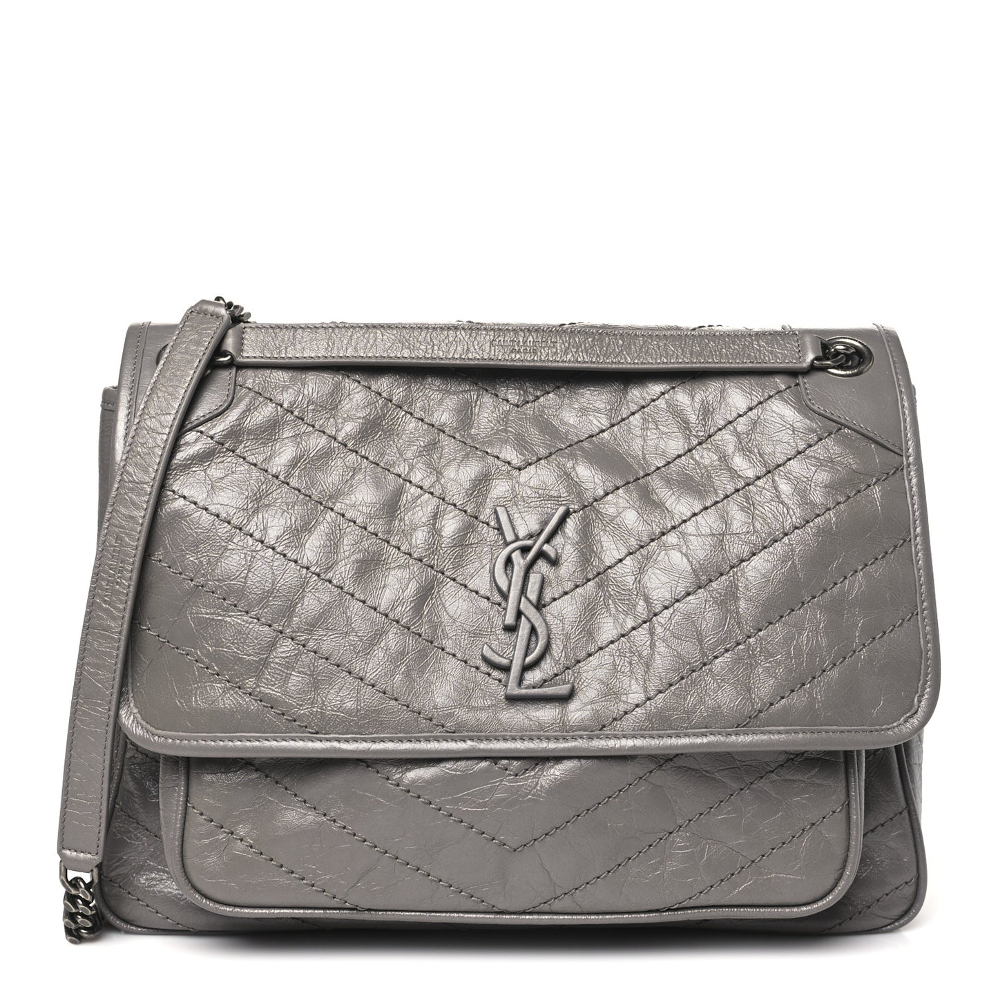 Crinkled Calfskin Matelasse Monogram Large Niki Chain Satchel Fog