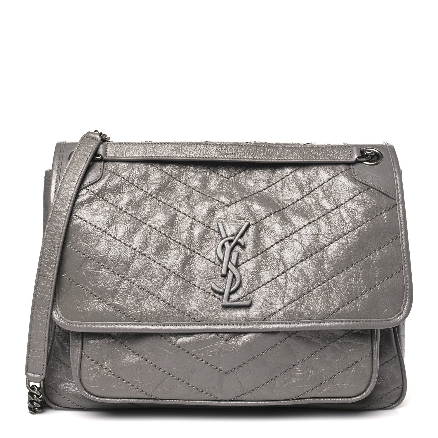 Saint Laurent Crinkled Calfskin Matelasse Monogram Large Niki Chain Satchel Fog 1 of 15