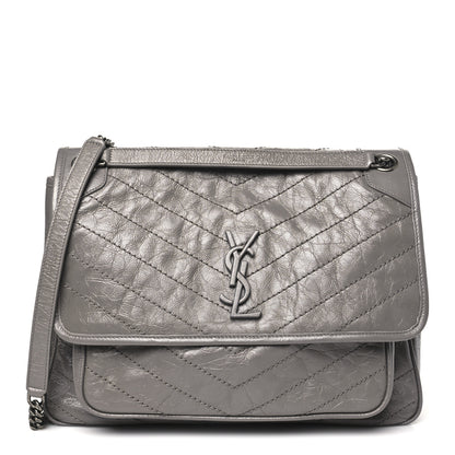Saint Laurent Crinkled Calfskin Matelasse Monogram Large Niki Chain Satchel Fog 1 of 15