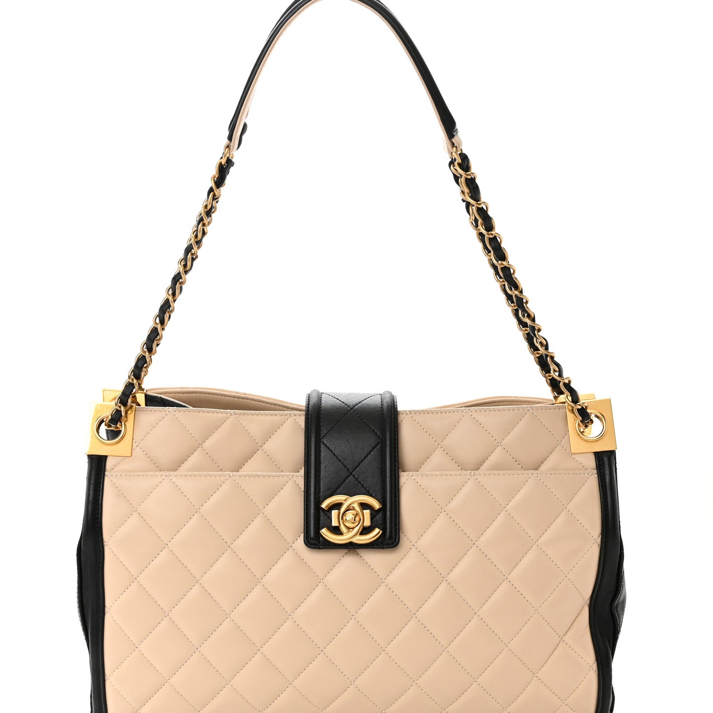 Lambskin Quilted Elegant CC Shopping Tote Beige Black