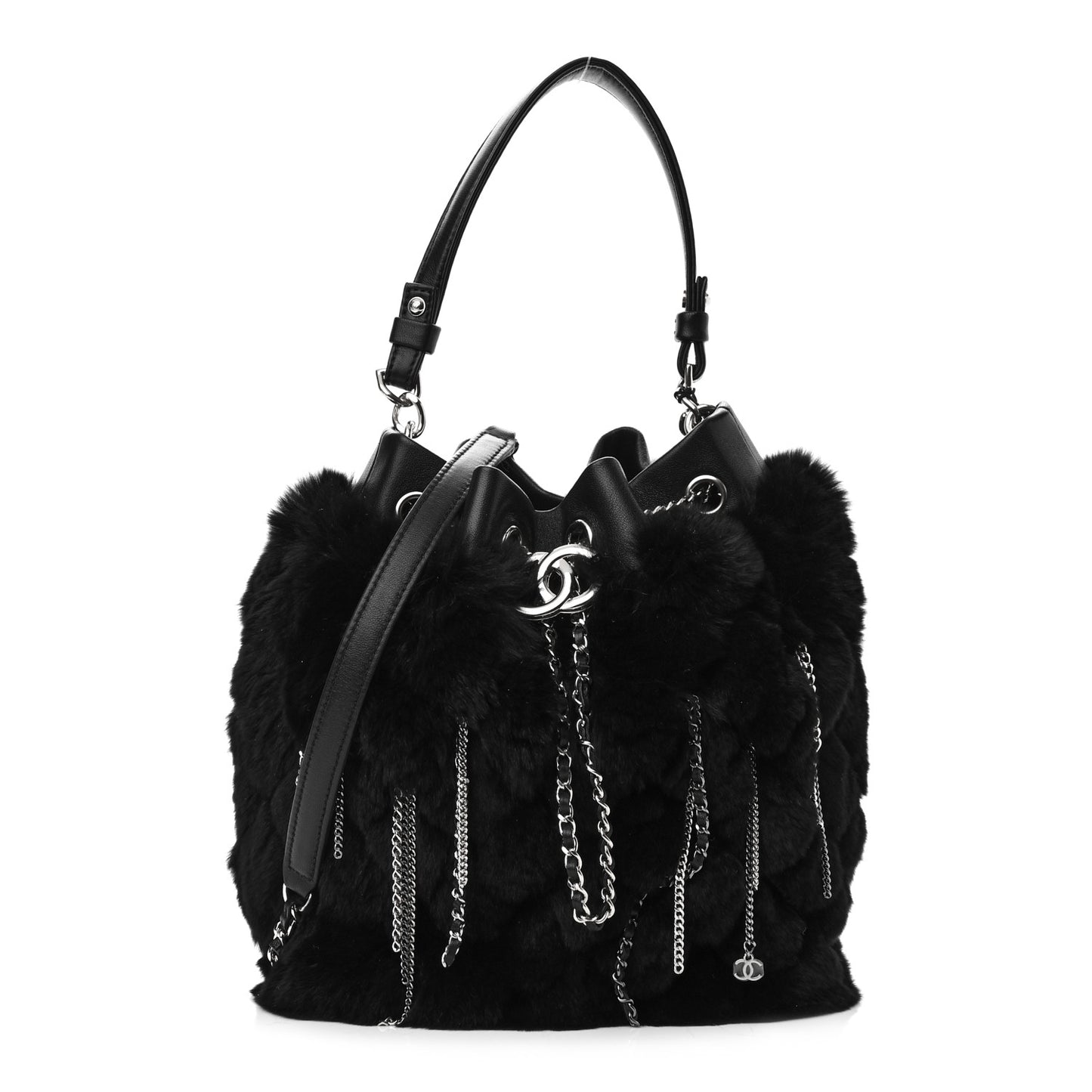 Fur Chain Drawstring Bucket Bag Black
