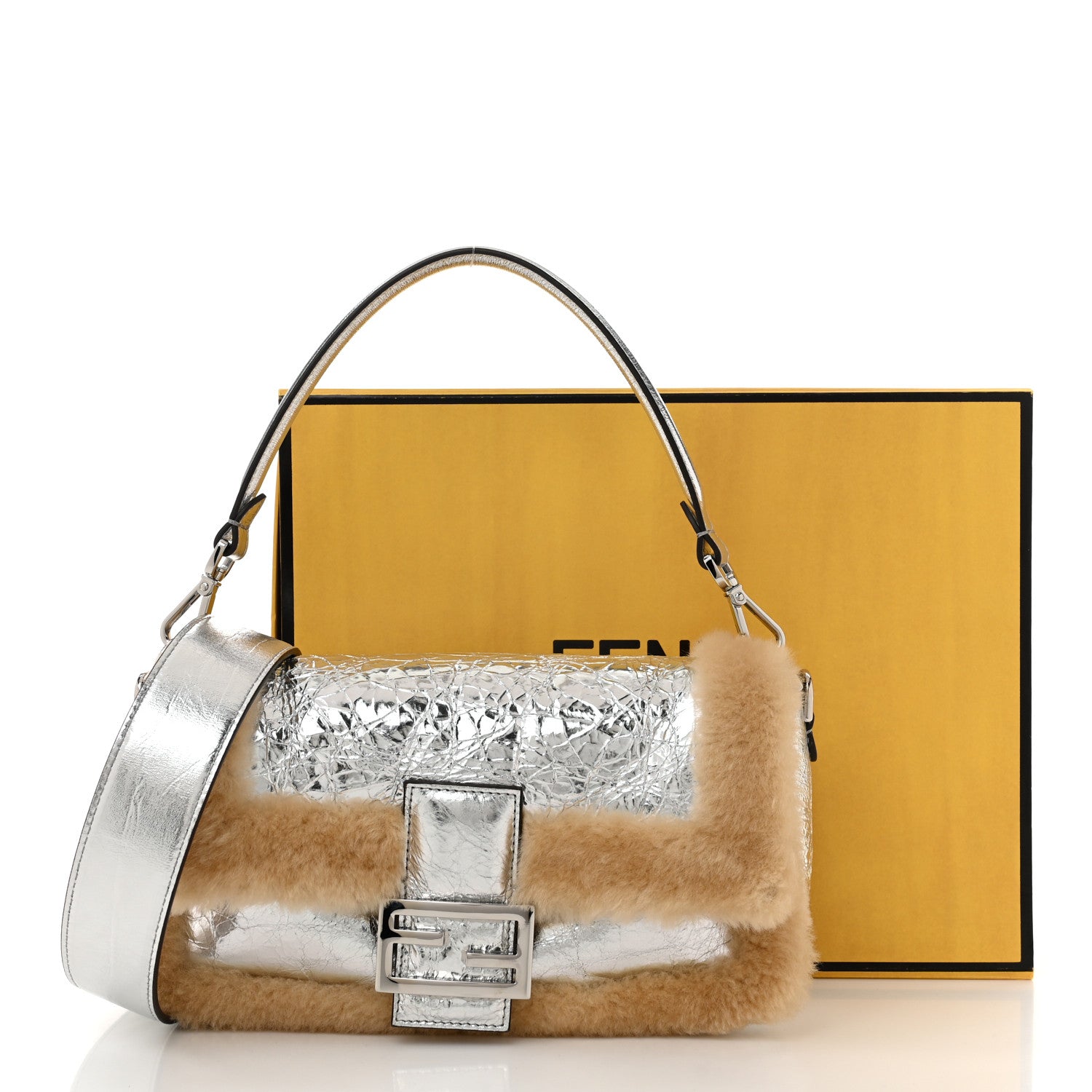 Fendi Craquele Lambskin Sheepskin Fur Baguette Argento 10 of 10