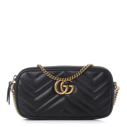 Gucci Calfskin Matelasse Mini GG Marmont Chain Crossbody Bag Black 1 of 9