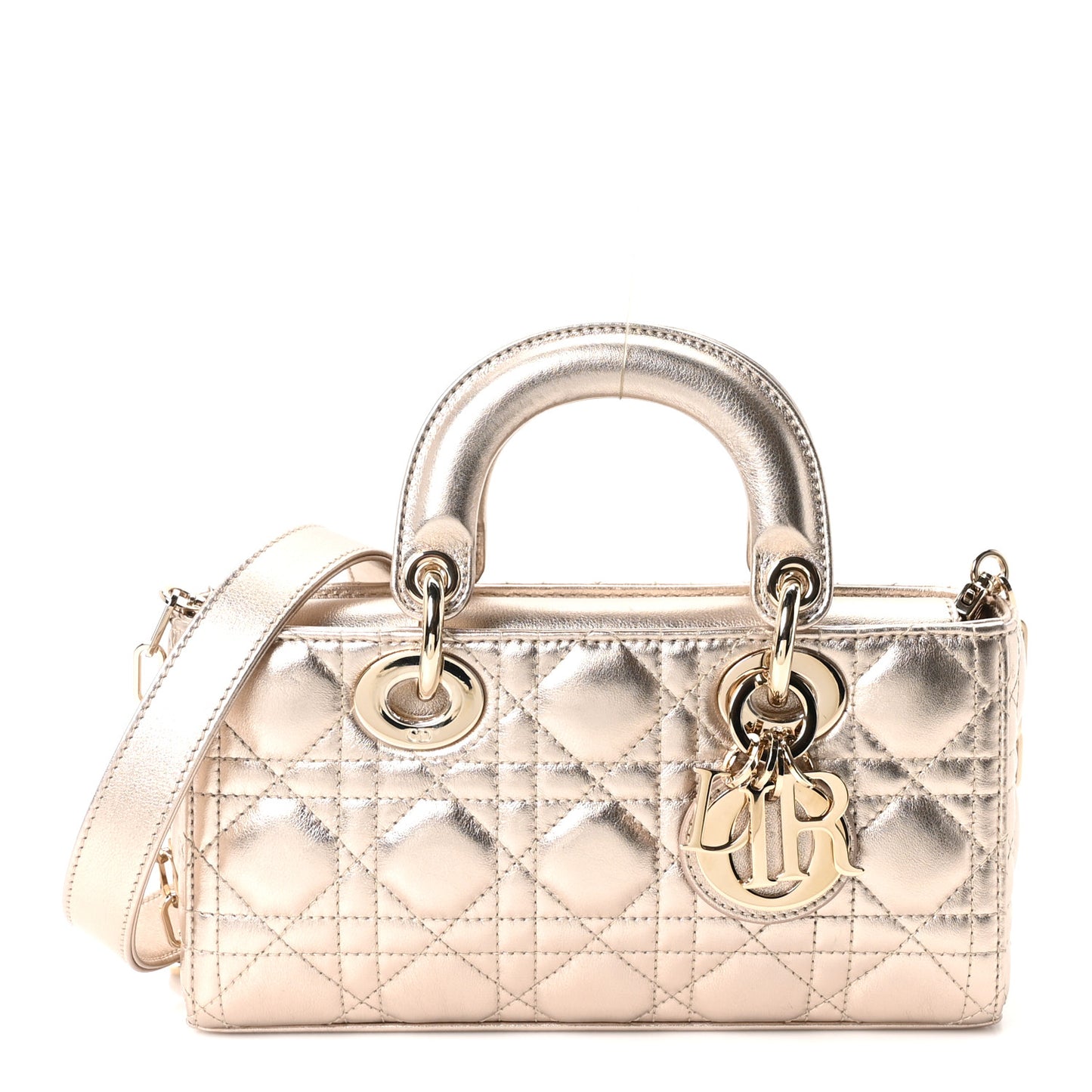 Metallic Lambskin Cannage Small Lady D-Joy Champagne