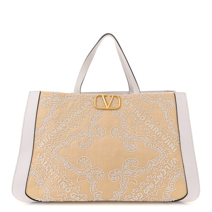 Valentino Garavani Linen Beaded Embroidered Bandana Print Vlogo Signature Tote Beige White 1 of 12