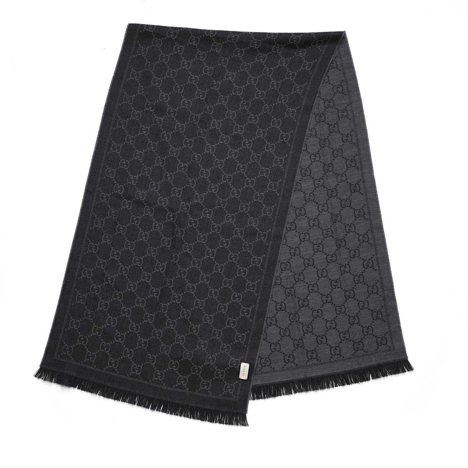 Gucci Wool Jacquard GG Monogram Sten Fringe Scarf Anthracite Black 3 of 7