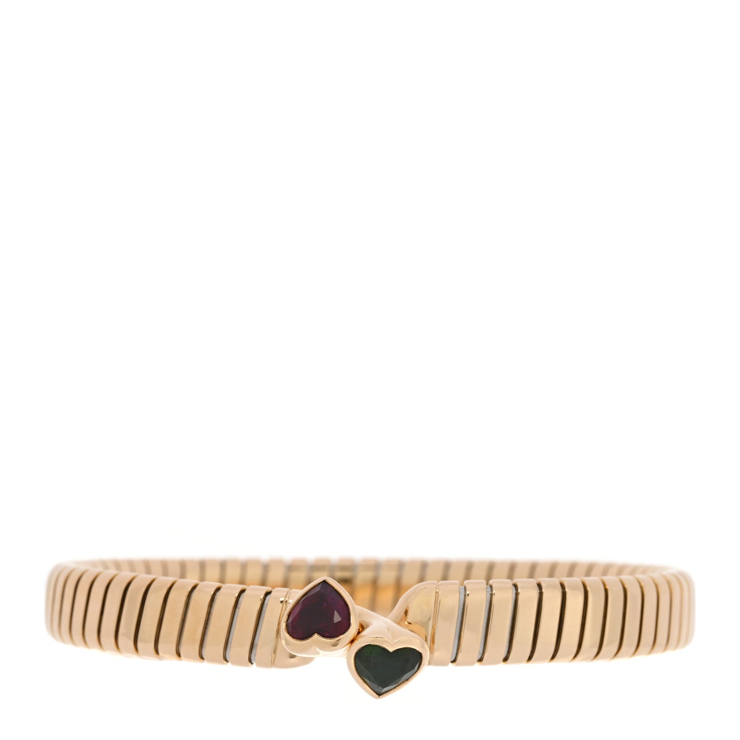 18K Yellow Gold Green Pink Tourmaline Double Heart Tubogas Bracelet
