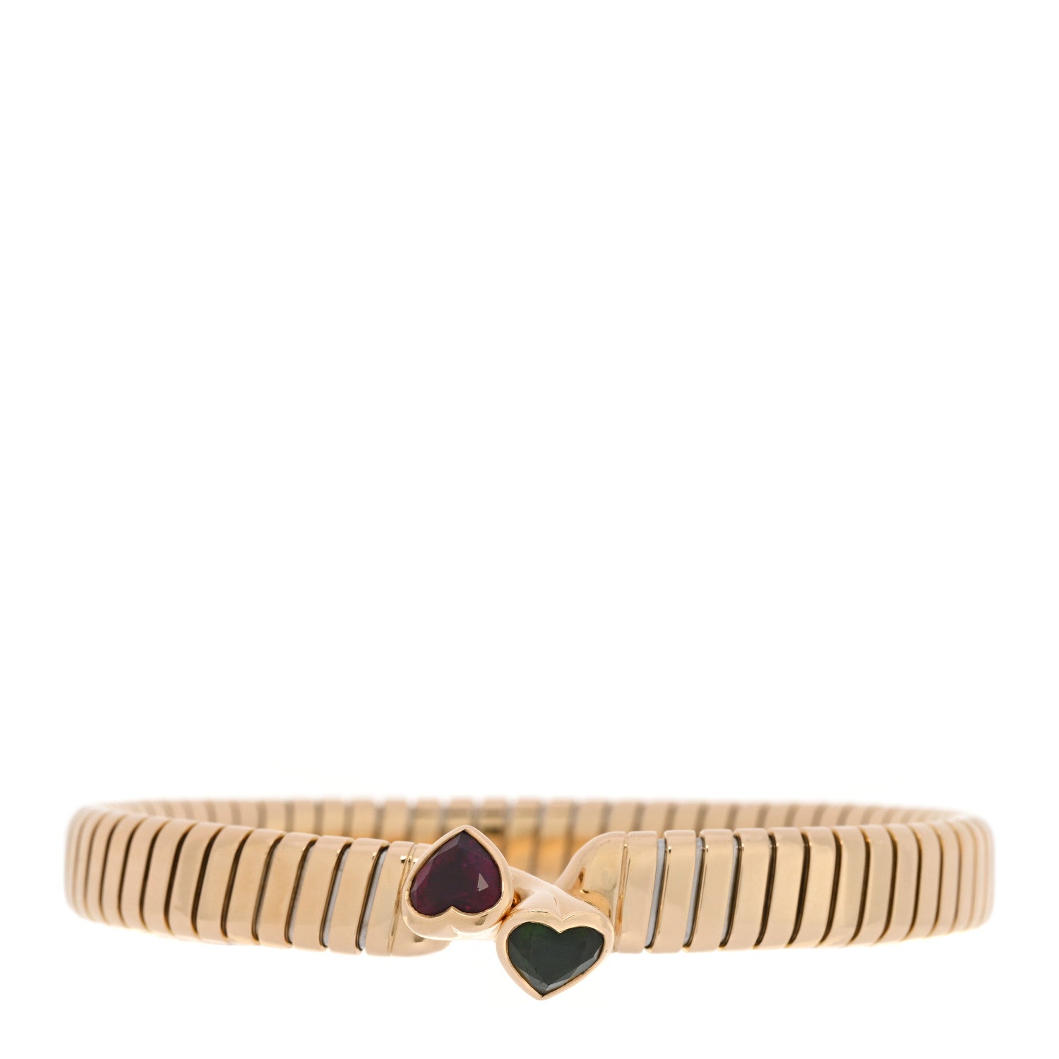 Bulgari 18K Yellow Gold Green Pink Tourmaline Double Heart Tubogas Bracelet 1 of 3