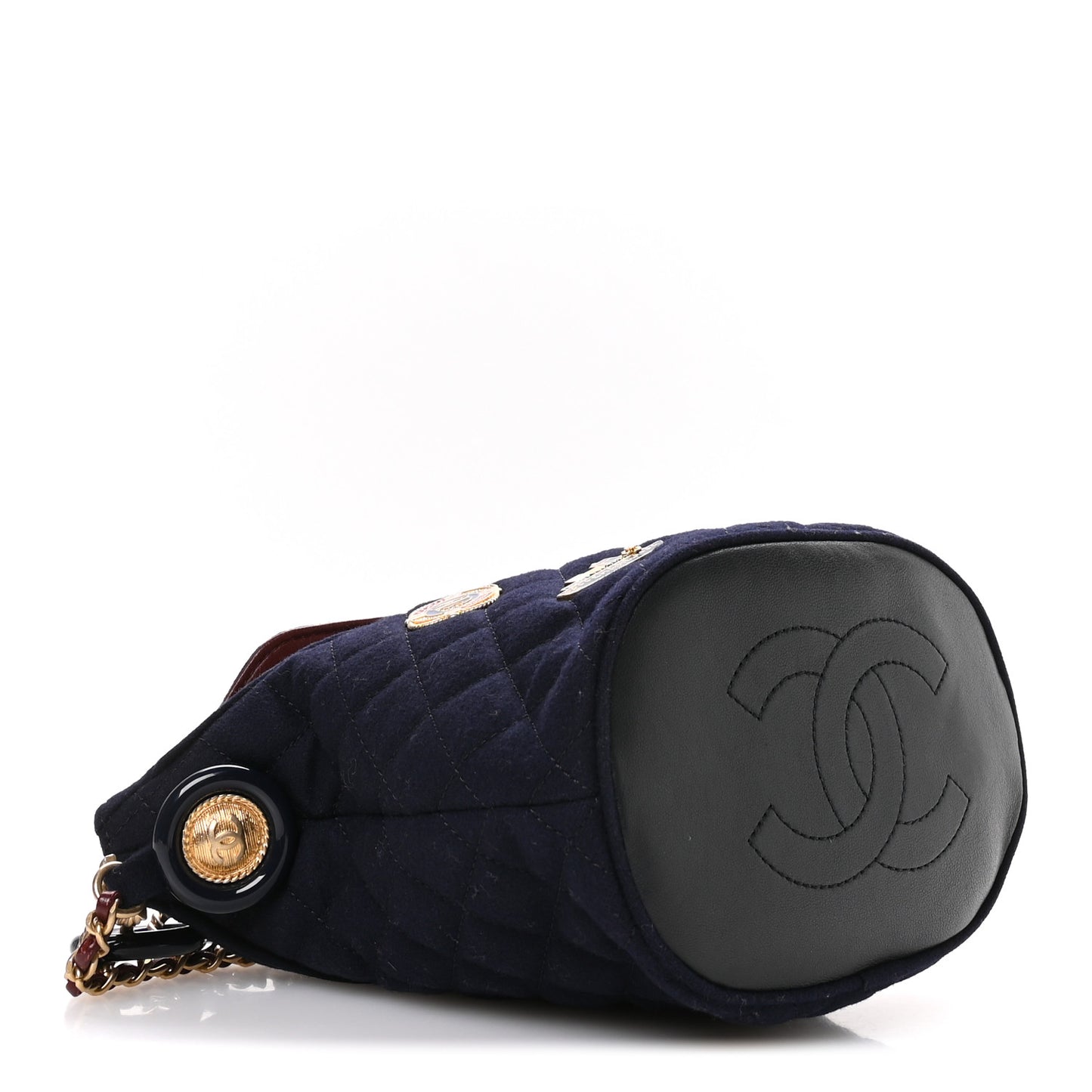 Felt Quilted Paris Hamburg Charms Drawstring Bucket Bag Dark Navy