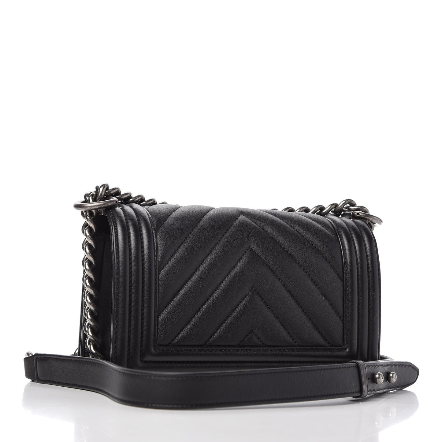 Calfskin Chevron Quilted Small Boy Flap Black