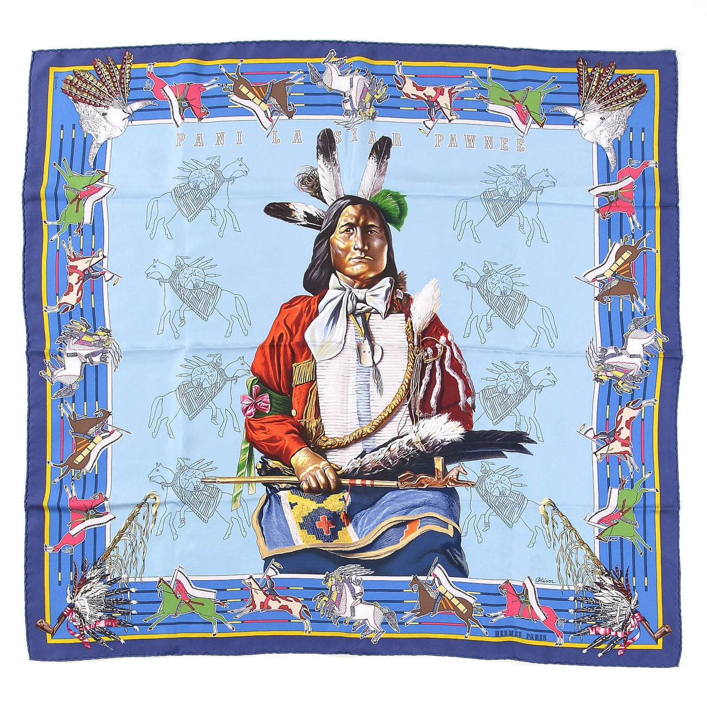 Silk Pani La Shar Pawnee Wash Scarf 90 Bleu Ciel Marine Vert