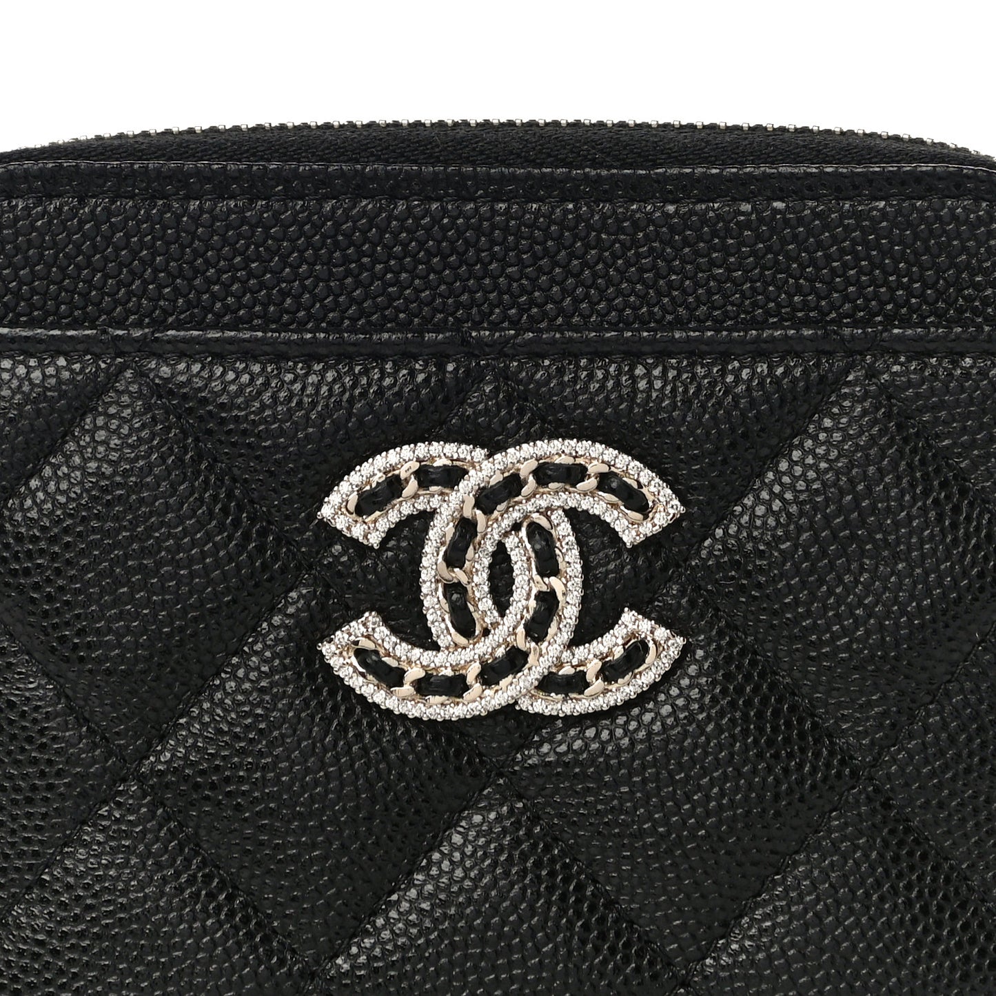 Caviar Quilted Crystal Zip Card Holder Wallet Black