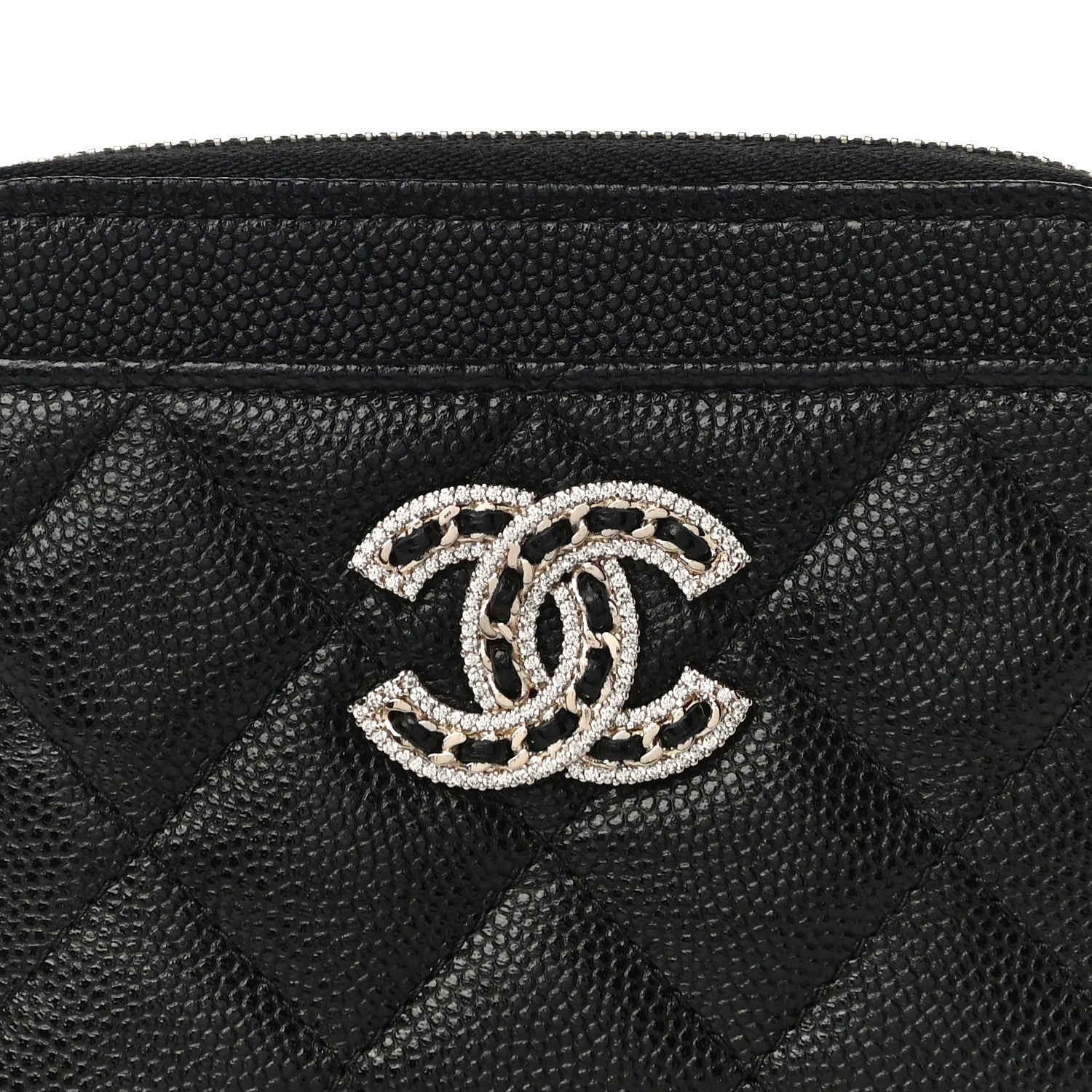 Chanel Caviar Quilted Crystal Zip Card Holder Wallet Black 8 of 11