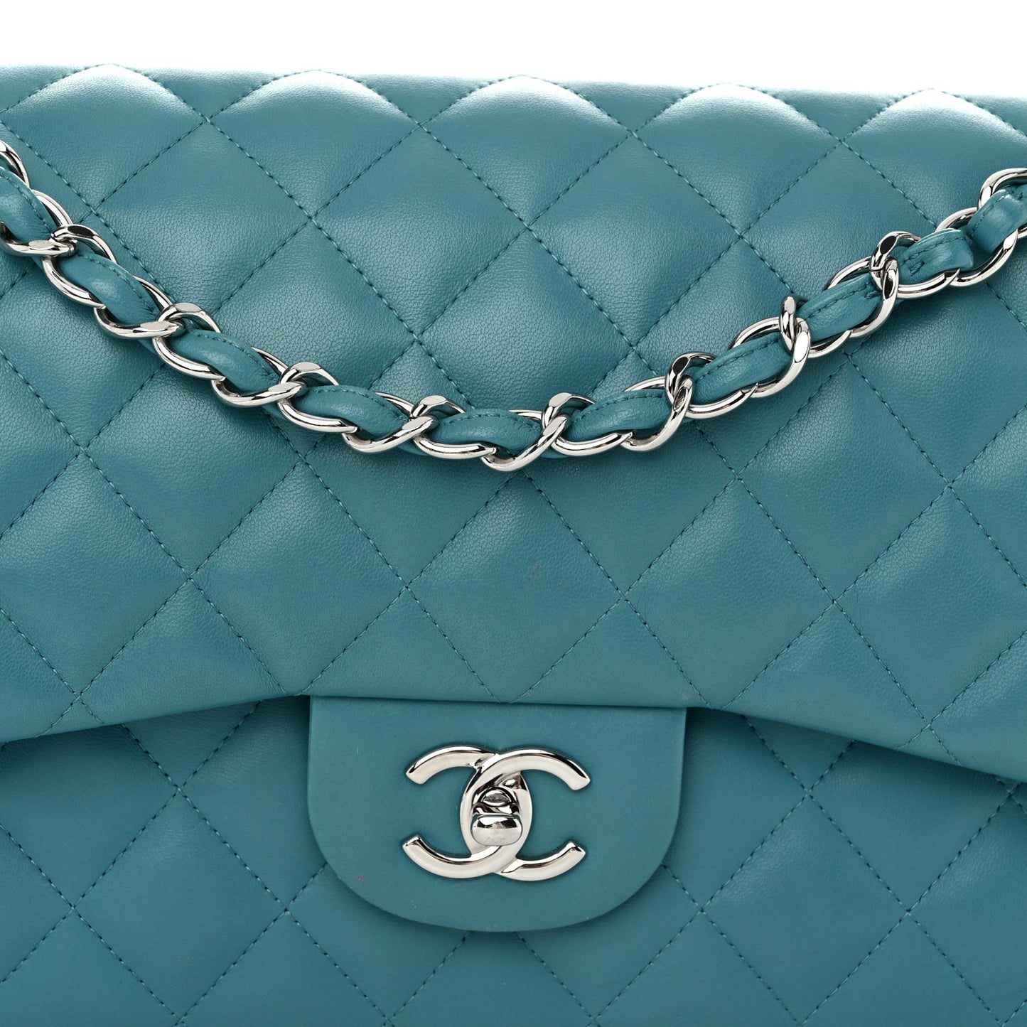 Lambskin Quilted Jumbo Double Flap Turquoise