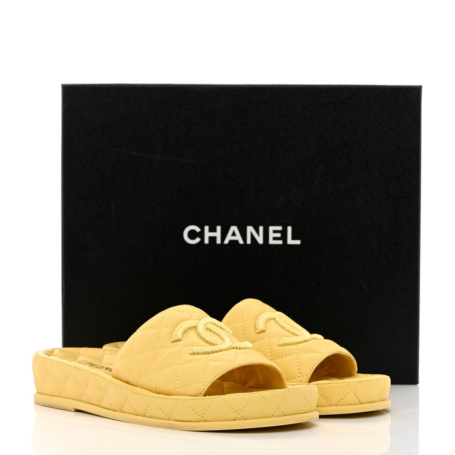 Chanel Lambskin Quilted CC Mules Sandals 38 Yellow 13 of 13