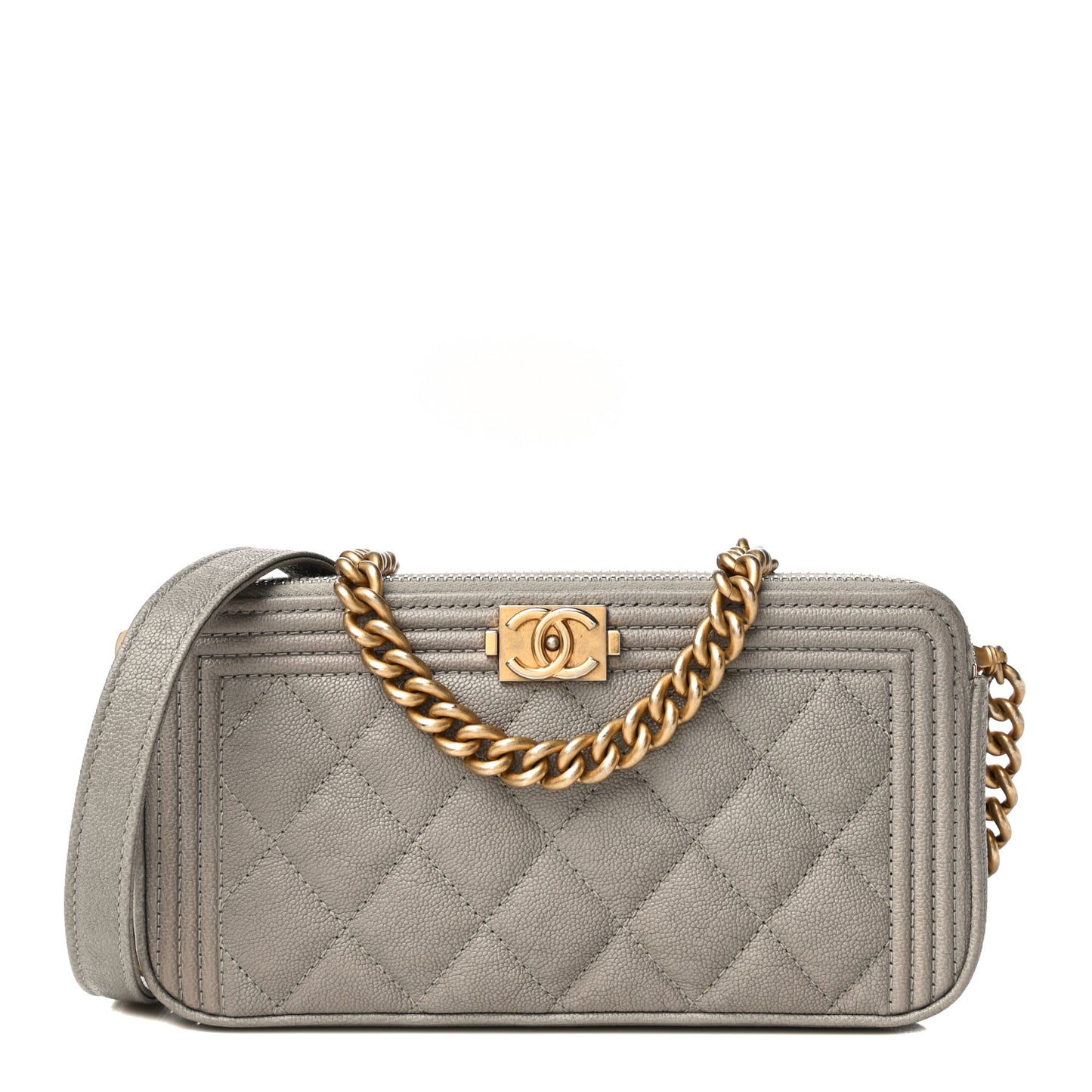 Caviar Quilted Small Boy Clutch With Chain Grey