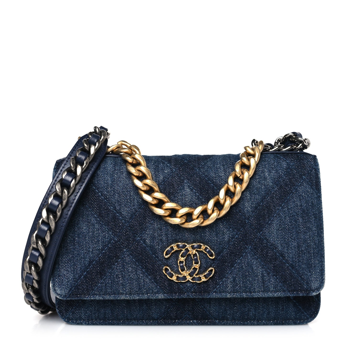Denim Quilted Chanel 19 Wallet On Chain WOC Blue