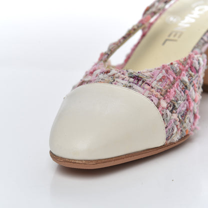 Chanel Tweed Lambskin Cap Toe CC Slingback Pumps 38 Pink White 11 of 16