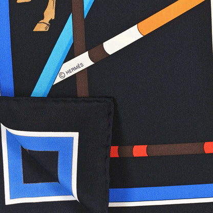 Hermes Silk Saut D’ Obstacles Scarf 90 Black Camel Blue 3 of 3