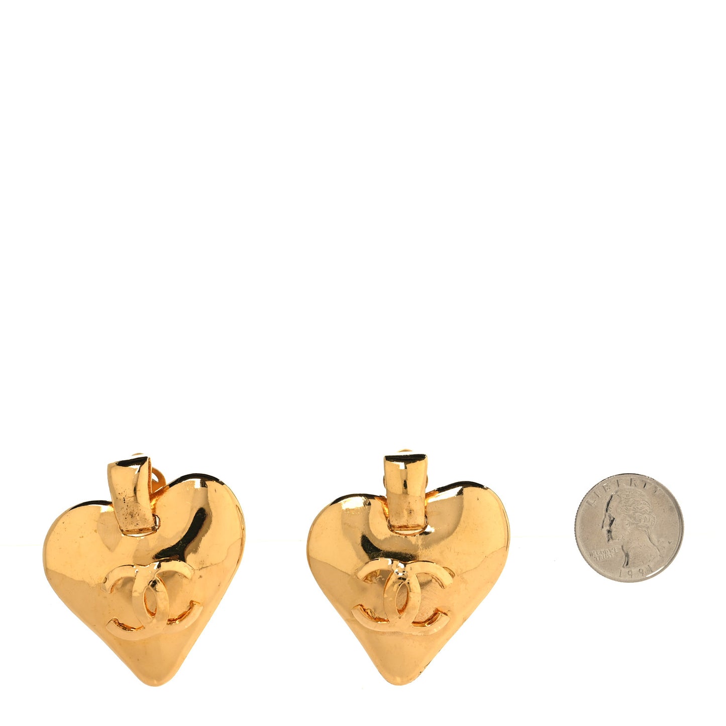 Metal CC Heart Drop Clip On Earrings Gold