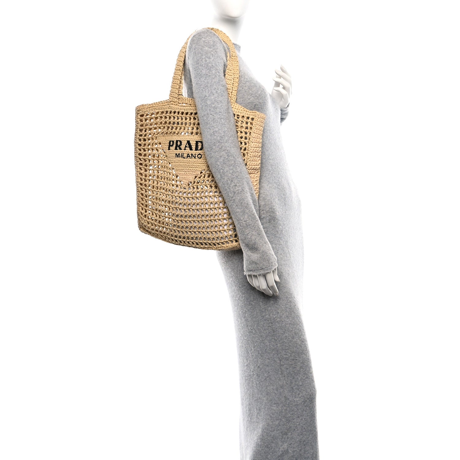 Prada Yarn Raffia Effect Crochet Logo Embroidered Tote Bag Naturale 3 of 9