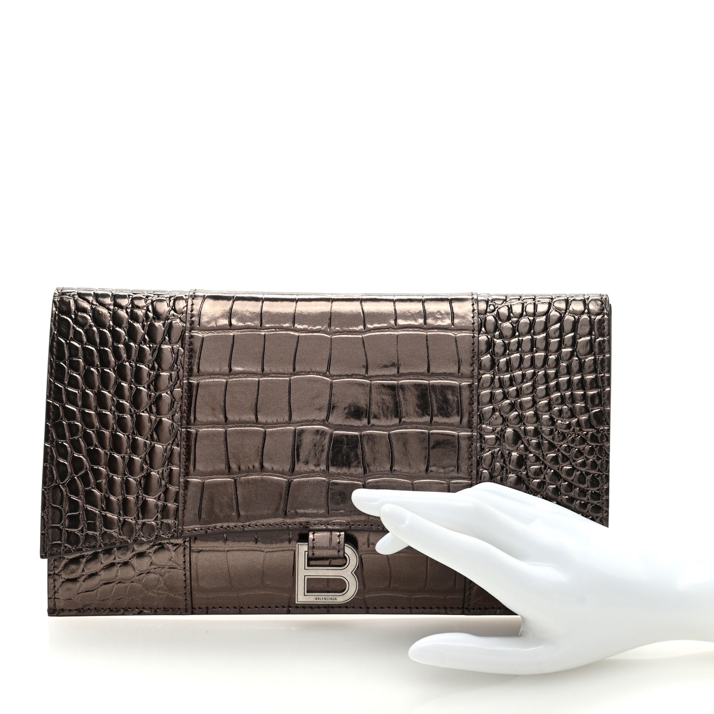 Shiny Calfskin Crocodile Embossed Hourglass Flap Flat Pouch Dark Bronze