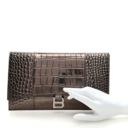 Balenciaga Shiny Calfskin Crocodile Embossed Hourglass Flap Flat Pouch Dark Bronze 2 of 6