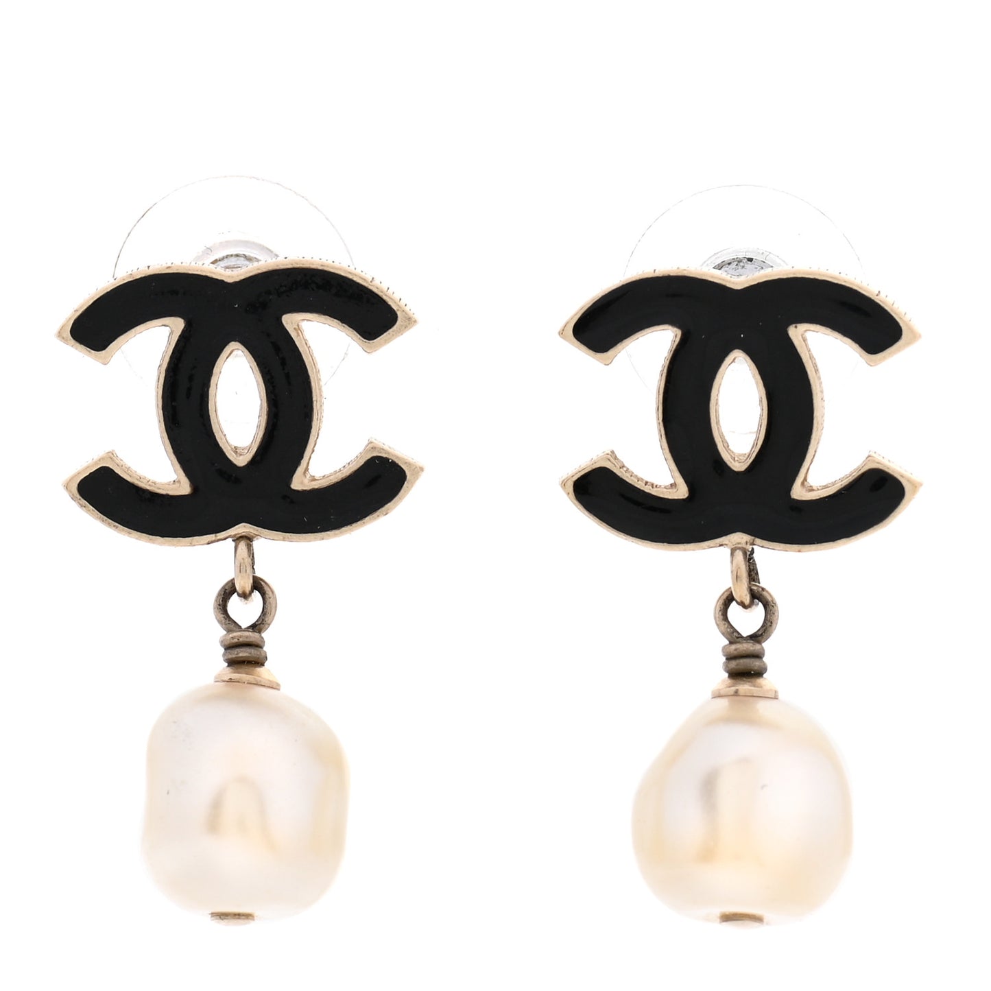 Pearl Enamel CC Drop Earrings Black Gold