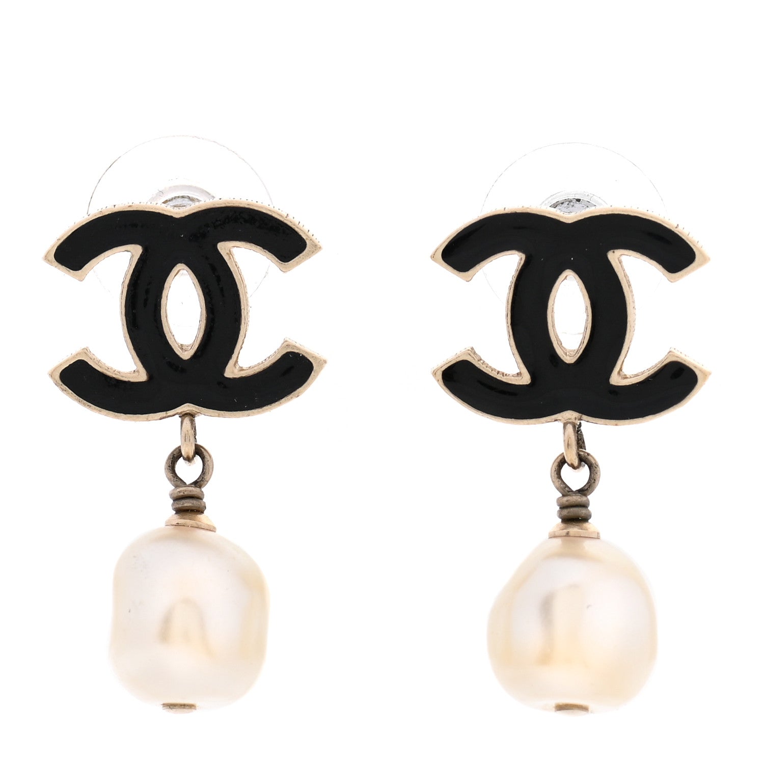 Chanel Pearl Enamel CC Drop Earrings Black Gold 1 of 5