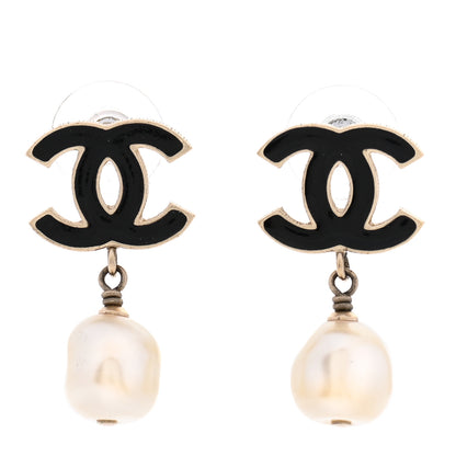 Chanel Pearl Enamel CC Drop Earrings Black Gold 1 of 5