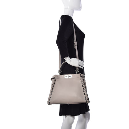 Fendi Vitello Seta Lace Up Medium Peekaboo Iconic Satchel Grigio Polvere 2 of 9