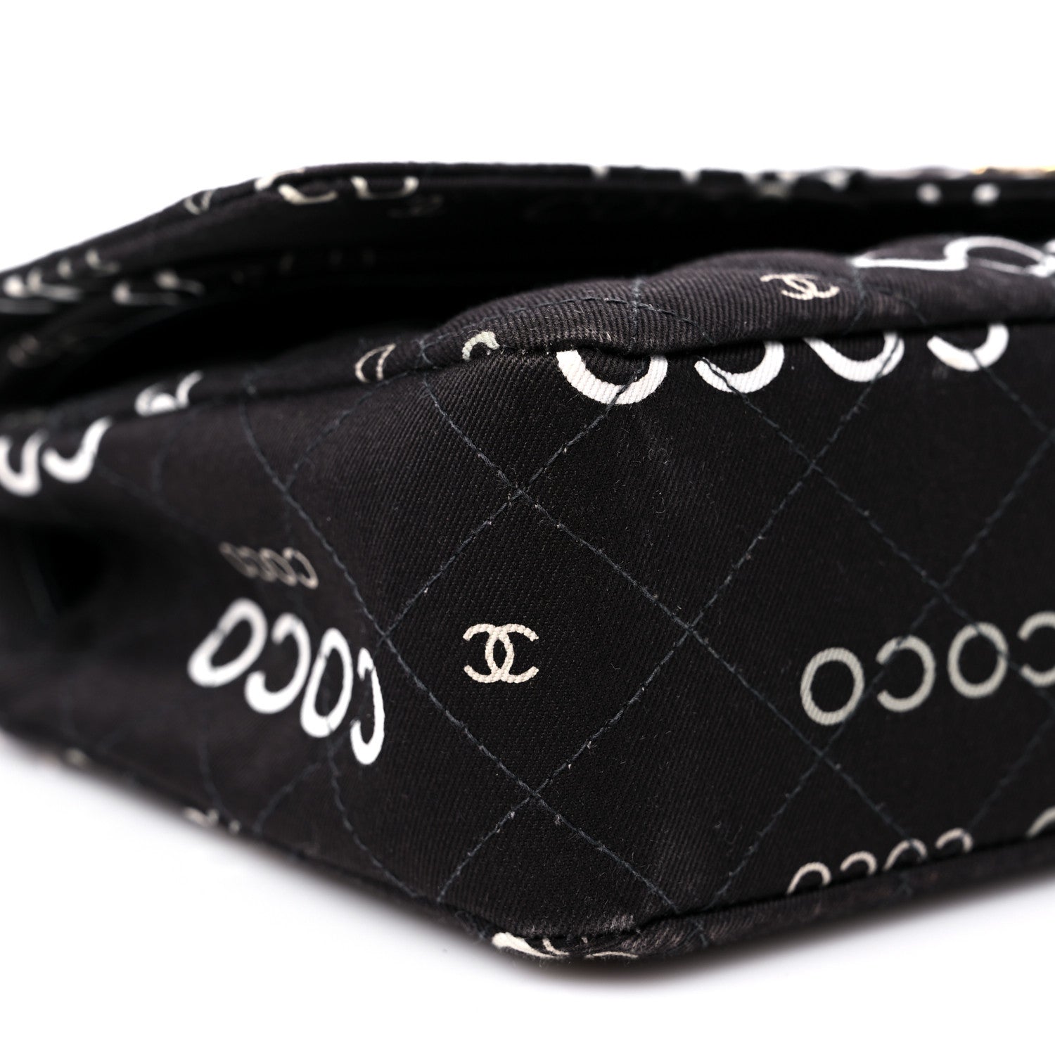Chanel Canvas Coco Printed Quilted Medium Double Flap Black White 8 of 13