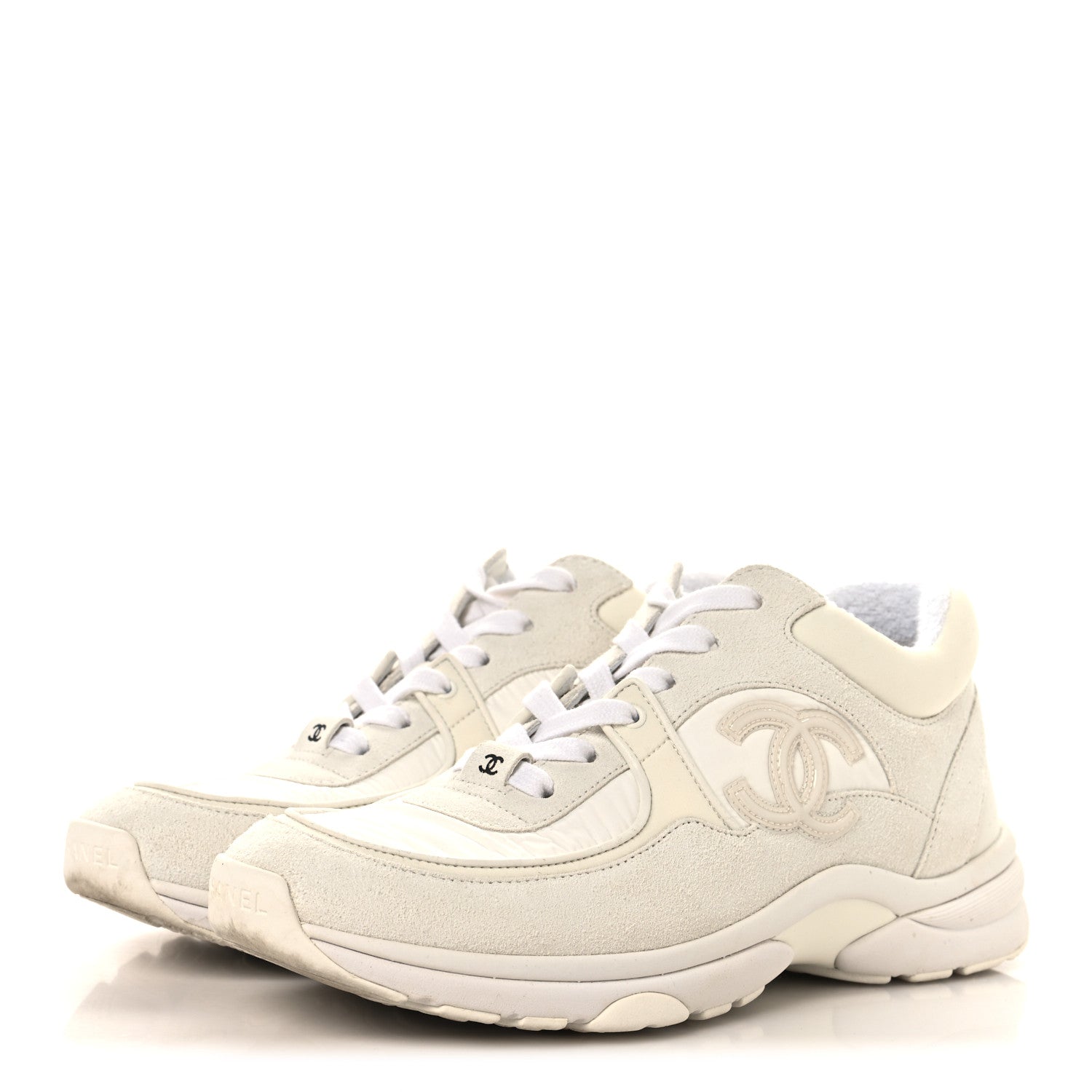Chanel Suede Calfskin Fabric CC Sneakers 37.5 White 4 of 9